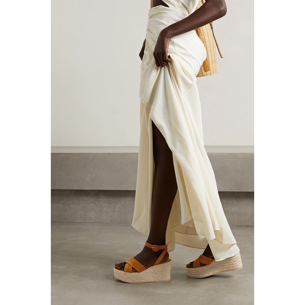 45 Leather-trimmed Suede Wedge Espadrilles 탠 브라운 38063312420871936