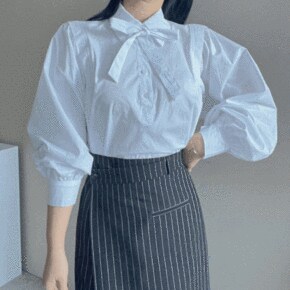헤페 코튼 타이 리본 퍼프 셔링 벌룬 오피스 셔츠 블라우스 2Color _P385770648