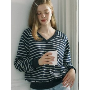 V-neck Stripe Cotton Sweatshirt - Navy