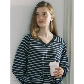 V-neck Stripe Cotton Sweatshirt - Navy