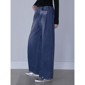 Side Tuck Wide Denim Pants [Pink Blue]