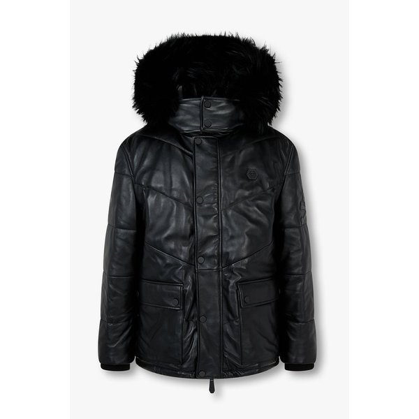 퍼 후디드 레더 미디 자켓 8615311001000