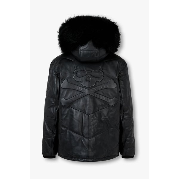 퍼 후디드 레더 미디 자켓 8615311001000