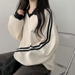 / 초이 오버핏 배색 라인 와플 자수 카라 긴팔티