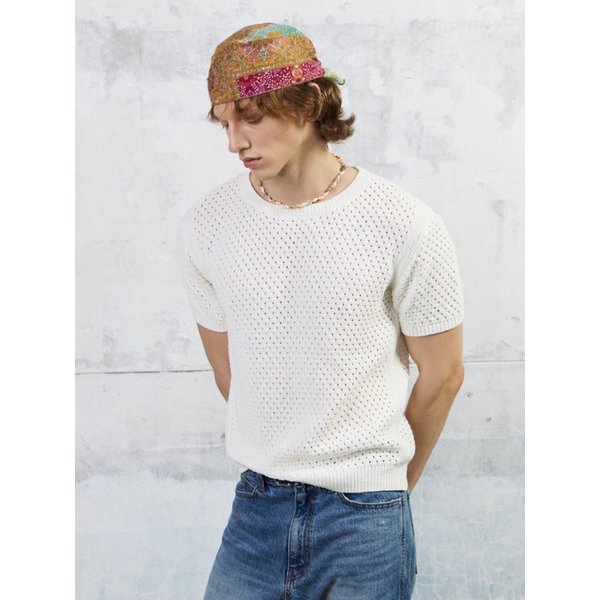 Men Waffle Crochet Short Sleeved Knit Top, Ivory