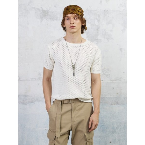 Men Waffle Crochet Short Sleeved Knit Top, Ivory