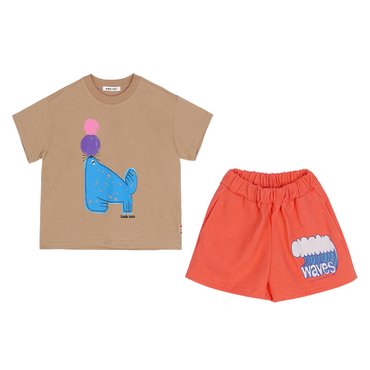 아베끄뚜아 [케이드코코] 씰 그래픽 티셔츠 웨이브 반바지 상하세트