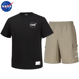 NASA 나사 남녀공용 면 라운드 반팔티+우븐 5부 반바지 상하세트 N-161UBK+N-056PBG 남자 여성 티셔츠 숏팬츠 여름바지 빅사이즈