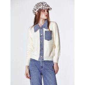 Denim Collared Knitted Cardigan (IVORY)