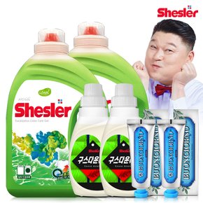 강호동의 쉬슬러 액상 세제 유칼립투스 3.05L 2개+구스다운워시전용 650ml 2개+치석케어 치약 100g 2개.