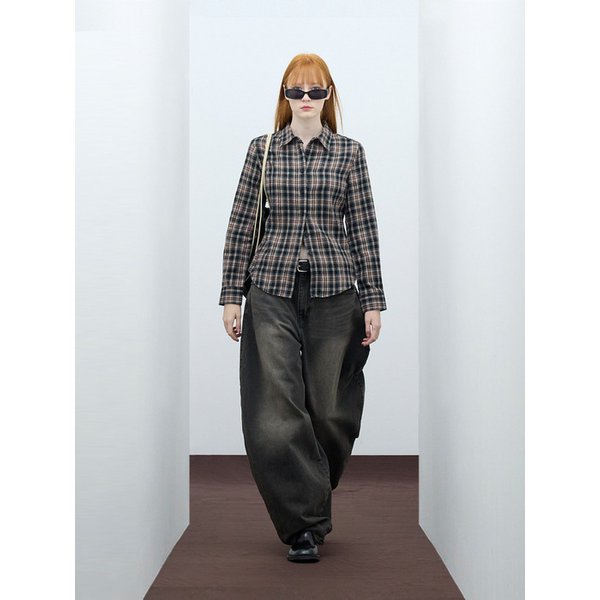 85-VIVA079 긱 무드 슬림핏 긴팔 체크 셔츠 블랙