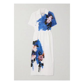 에르뎀 개더 플로럴 프린트 코튼 혼방 파유 미디 드레스 블루 46376663162865387