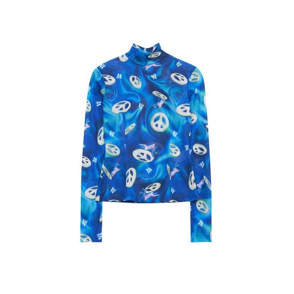 프린트 매쉬 모크넥 탑 블루