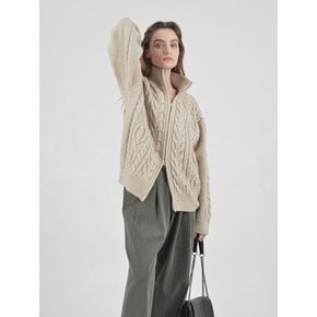 Heavy Cable High-Neck Knit Zip-up (Oatmeal)