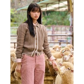 Wavy Collar Cable Merino Cardigan (Brown)