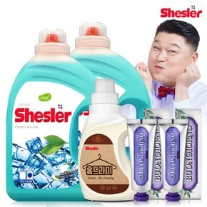 강호동의 쉬슬러 액상 세제 후레쉬 3.05L 2개+울전용 650ml 1개+잇몸케어 치약 100g 2개.