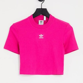 아디다스 오리지널 에센셜 크롭 반팔 티셔츠 핫 핑크 여성 센터 로고