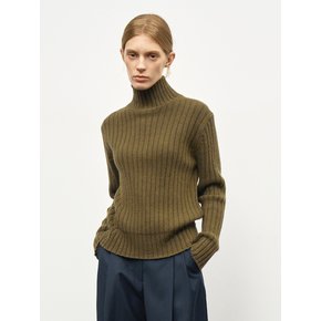 RIBBED CASHMERE TURTLE NECK SWEATER_KHAKI