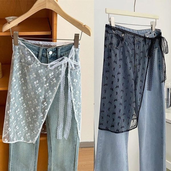 [옷자락] 여성 레이스 패턴 시스루 패션 레이어드 스커트