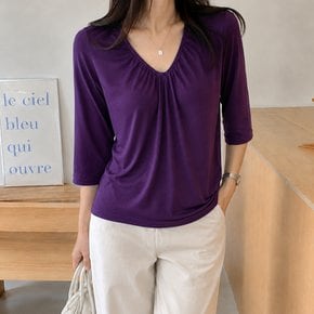 뉴츠 여성 가을 브이넥 랍바 셔링 7부 8부 기본 무지 티셔츠 봄 간절기