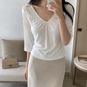 뉴츠 여성 가을 브이넥 랍바 셔링 7부 8부 기본 무지 티셔츠 봄 간절기