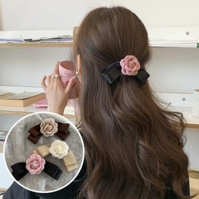 여자 머리 리본 꽃송이 귀여운 꽃무늬 콘트라스트 집게핀