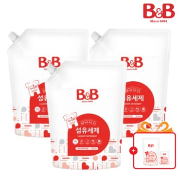 비앤비 세제 베이비파우더향1500ml 리필형 3입+증정품(800ml 유연제1입/50ml 유연제 1입)