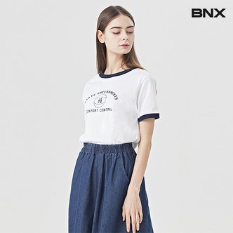 BNX 슬림핏 레터링 라운드넥 배색 티셔츠 (BU1TS057L0)