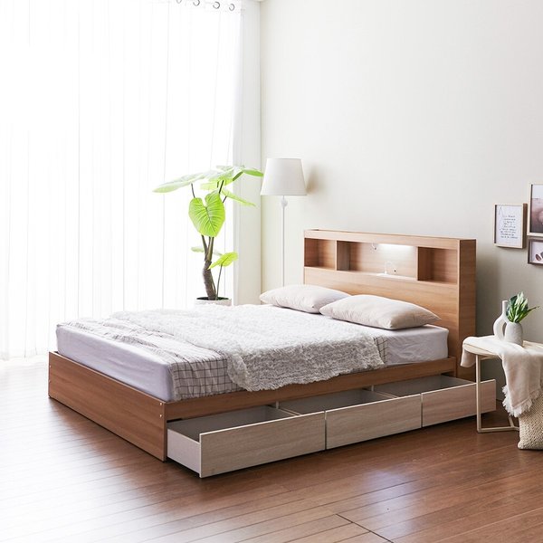 [착불] 우아미가구 모노 밀크 C타입 LED 3서랍 퀸 침대+40T 매트리스 FO5256