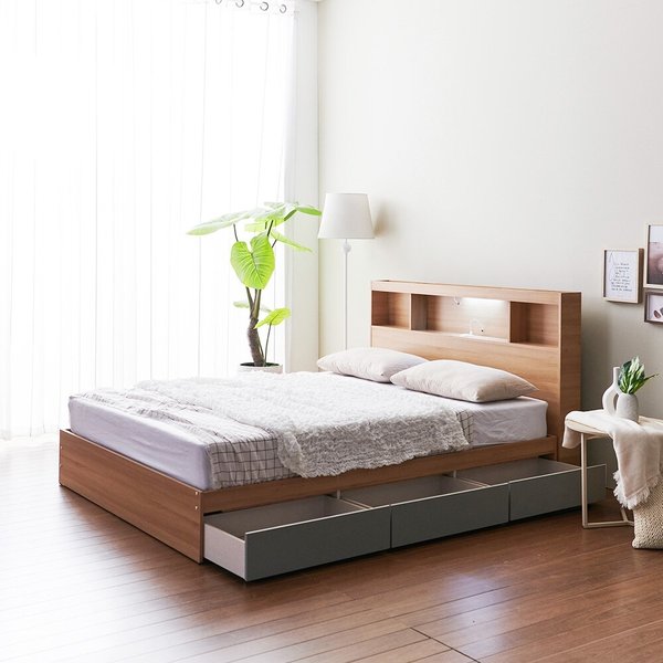 [착불] 우아미가구 모노 밀크 C타입 LED 3서랍 퀸 침대+40T 매트리스 FO5256