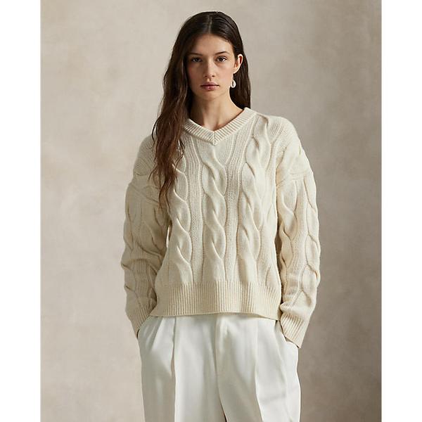 여성 케이블 니트 울 캐시미어 브이넥 스웨터(WMPOSWENC021293100)