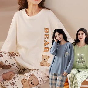 스판밴딩 라운드 긴팔 홈웨어 상하세트 빅사이즈 패턴 파자마 4컬러
