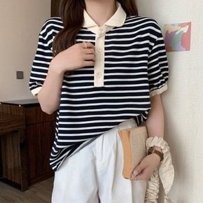 [OFL362SO]여성 여름 단가라 스프라이트 카라 티셔츠 블랙