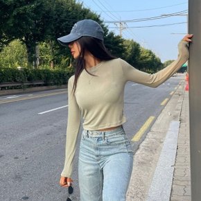 여자 U넥 레이온 민무늬 크롭긴팔티 부드러운 티셔츠
