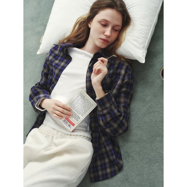 체크 포켓 기모 오버핏 셔츠 - 네이비