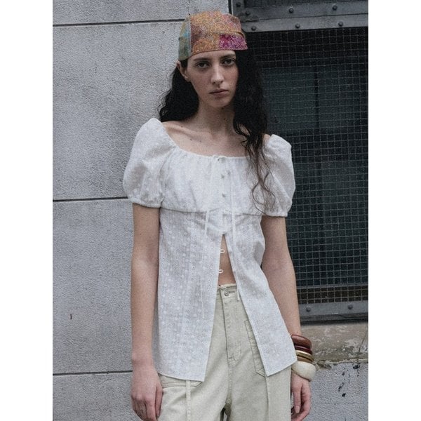 Eyelet Embroidered Puff Sleeve Blouse, Ivory