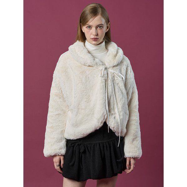 [밍크 ver.] 오버핏 크롭 리본 누빔 무스탕 자켓 [Ivory] 비건 퍼 ver.