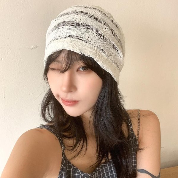 [옷자락] 여성 키치무드 스트라이프 그물 시스루 비니 모자
