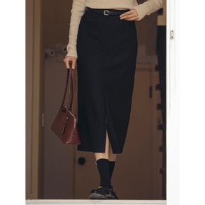 H-line wool blend slit skirt_Black