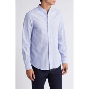 4732840 Emporio Armani Pinstripe Band Collar Linen & Cotton Button-Up Shirt 87247544