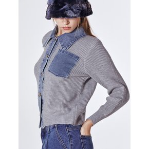 Denim Collared Knitted Cardigan (GRAY)