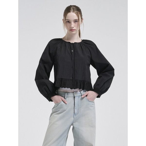 Lace Shirring Blouse, Black