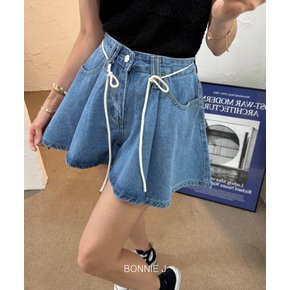 플리츠 여성 데님 반바지 블루 데님 A 와이드핏 반바지