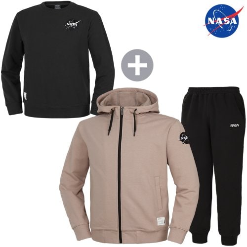 NASA 나사 남녀공용 세미 오버핏 후드집업+면 조거팬츠+맨투맨 3종 상하세트 빅사이즈