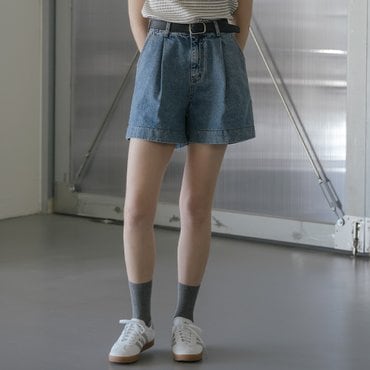 노운베러 High waist one tuck denim short_Blue