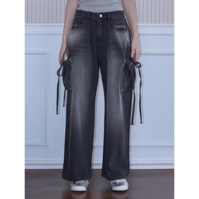 Ribbon Wide Denim Pants [Black]