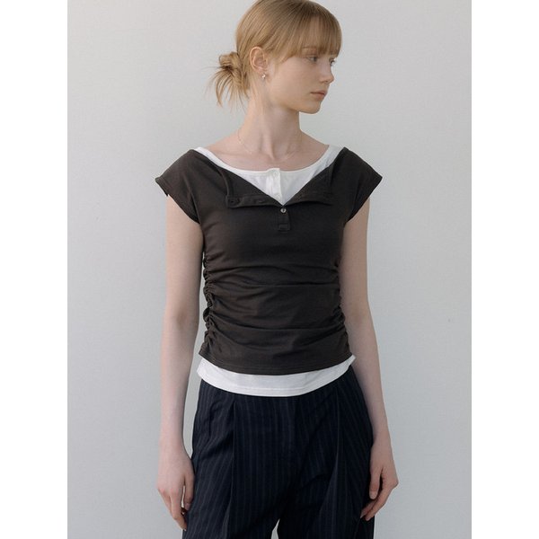 boat-neck cap sleeve T-shirt (brown) orc 6013