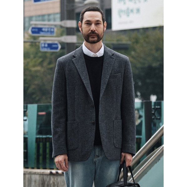 울 헤링본 자켓 네이비
