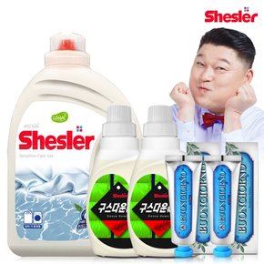 강호동의 쉬슬러 액상 세제 센스티브 3.05L 1개+구스다운워시전용 650ml 2개+치석케어 치약 100g 2개.