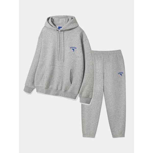 [SET] DOLPHIN CHAIN EMBROIDERY BACK BRUSHED HOOD & JOGGER PANTS MELANGE GREY